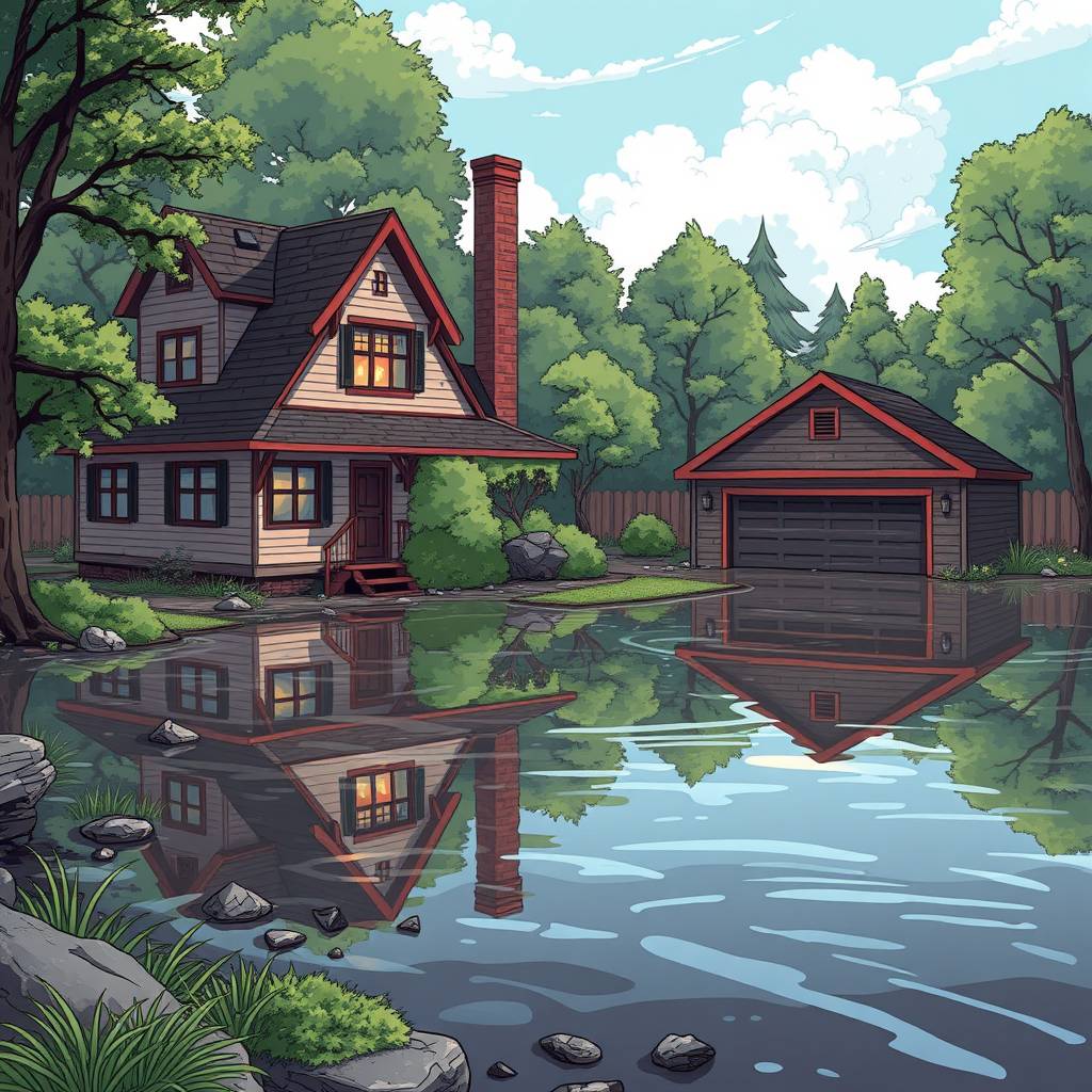 river flooded house backyard and detached garage with visible water damage on the structures