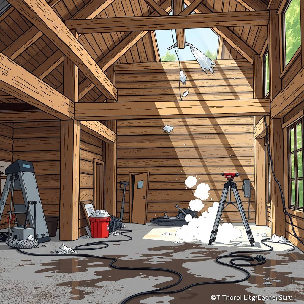 Generate an image depicting structural cleaning in a residential modern cabin building context. The scene should showcase a large indoor space undergoing thorough cleaning and restoration. Include visible signs of previous damage or neglect, such as accumulated dust, grime, or stains on walls, floors, and structural elements.