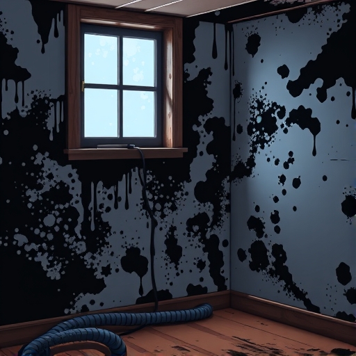 Cleaning realistic black mold from a leaking basement walls next to a basement window that likely leaks when it rains and now has water damage including mold. Make the mold look realistic and on the floorboards but not on the ceiling or high up on the wall