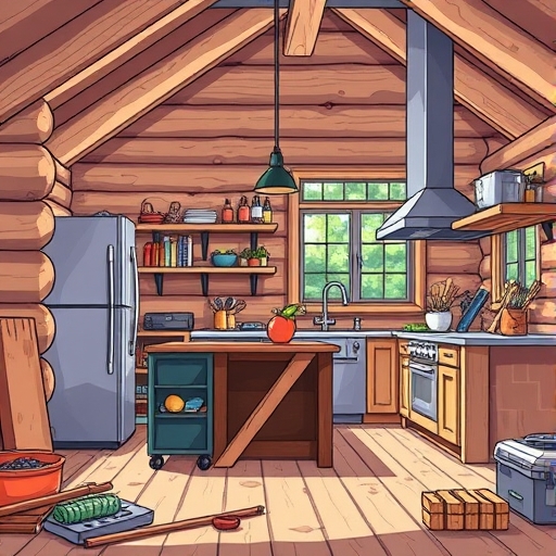 General contractor rebuilding a kitchen in a modern log cabin